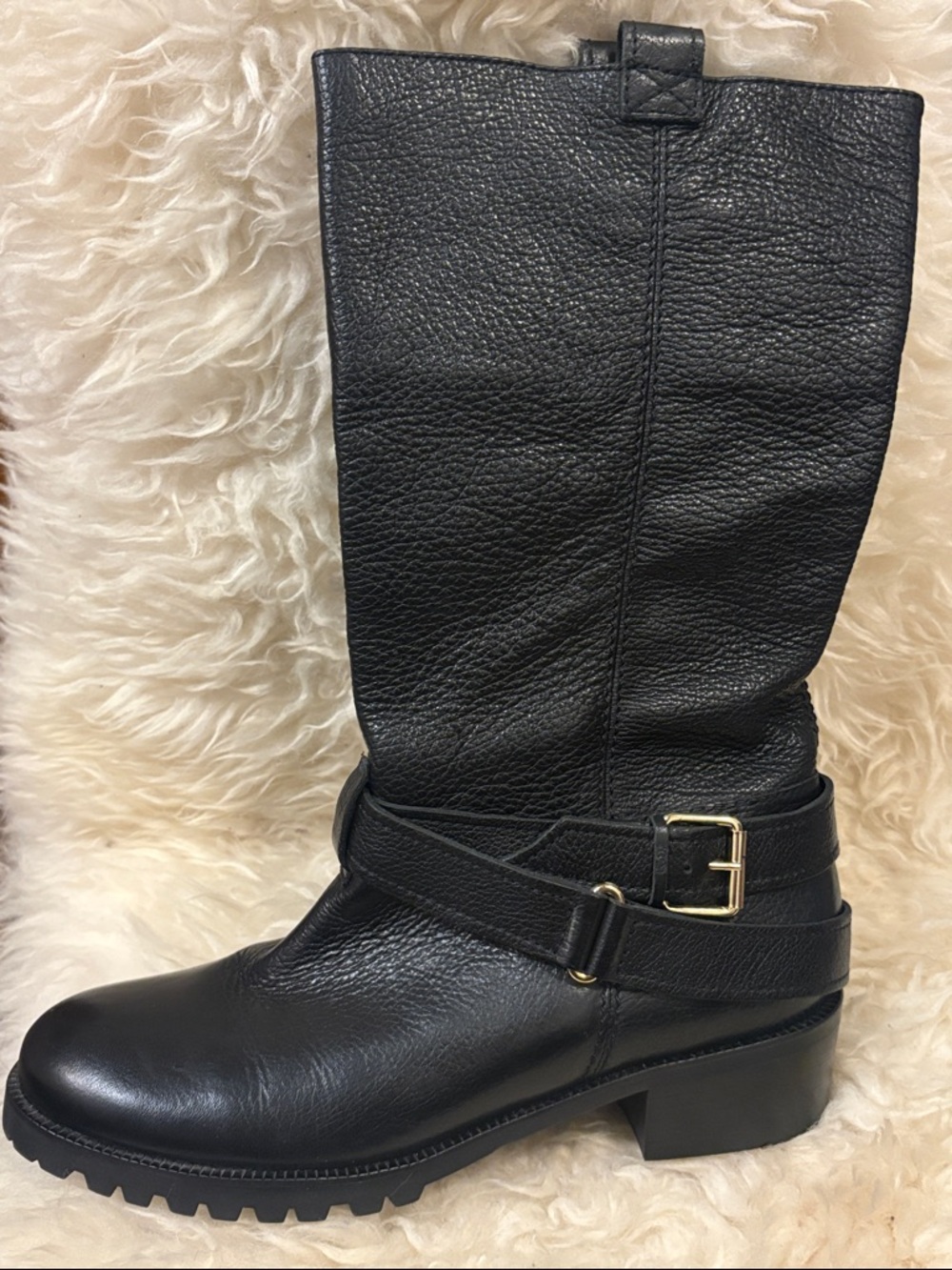 Diane Von Furstenberg Safari Moto Mid-calf boots black pebbled leather 8.5